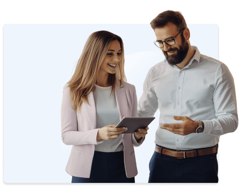 Two individuals looking at a tablet.